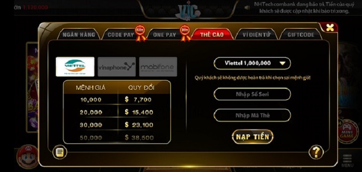 Một số lưu ý khi nạp tiền Vicwin