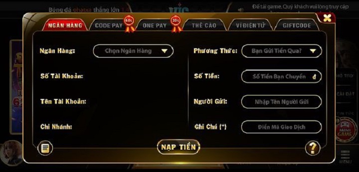 Nạp tiền Vicwin thông qua tài khoản ngân hàng